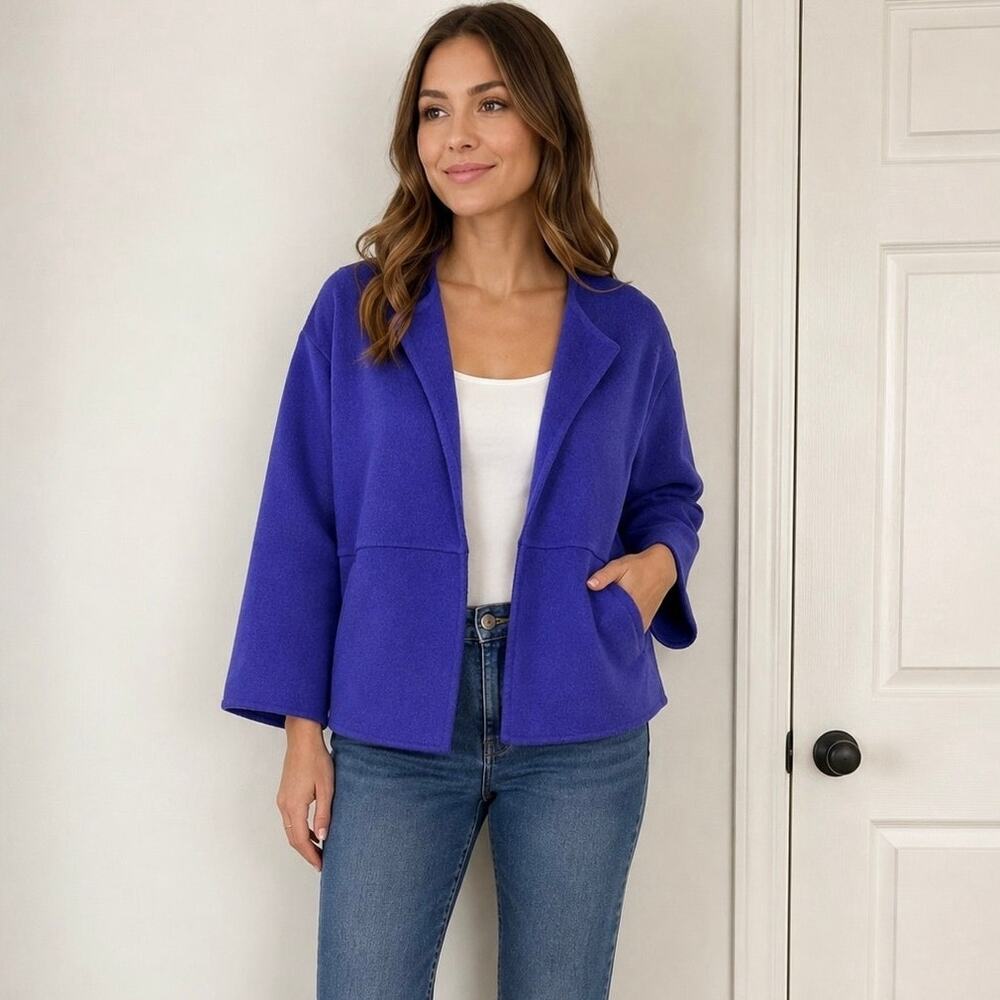 Eileen Fisher Wool Blend Open Jacket Coat Size L Large Royal Purple 3/4 Sleeve